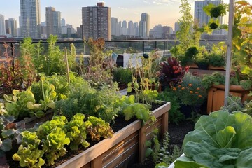Fototapeta premium A rooftop urban garden thriving under the summer sun, showcasing a city skyline in the background, exemplifying urban farming in summer