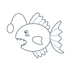 Fish European anglerfish, sea animal. An inhabitant of the sea world, a cute underwater creature. Line art.