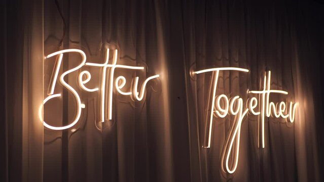 neon glowing wedding lettering, better together, neon lights.wedding decor
