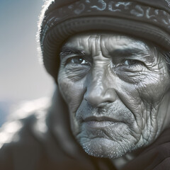 The wrinkled face of an elderly man who lives in the mountains. Generative AI