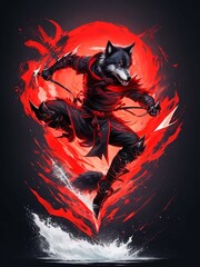 Illustration of the evil ninja wolf, devil animal face with red blood background, Generated Ai