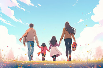 family walking on the field , Generative AI