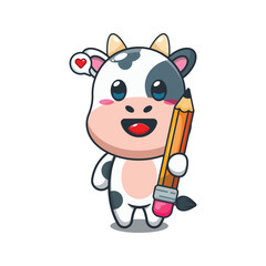 cow holding pencil cartoon vector illustration.
