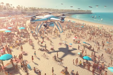 A state - of - the - art drone flying over a bright and sunny beach filled with people enjoying the summer sun, capturing the fusion of technology and leisure