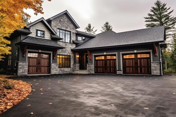 Fototapeta na wymiar Sophisticated Design Meets Alluring New Residence with Three-Car Garage, Light Gray Siding, and Natural Stone Pillars, generative AI