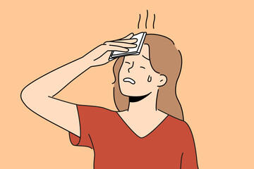 Unhealthy woman feel overheated suffer from hot weather on summer street. Unwell female struggle with heatstroke and dizziness. Vector illustration. 