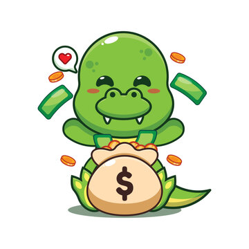 dino with money bag cartoon vector illustration.