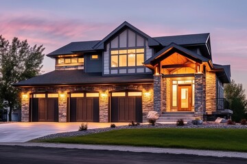Fototapeta na wymiar Sophisticated Design and Three-Car Garage Meet Alluring Brand New Residence with Purple Siding and Natural Stone Pillars, generative AI