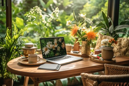 A summer work - from - home setup on a porch, with a laptop, coffee, and notebooks, surrounded by lush greenery and bright flowers, illustrating the balance of work and nature in summer