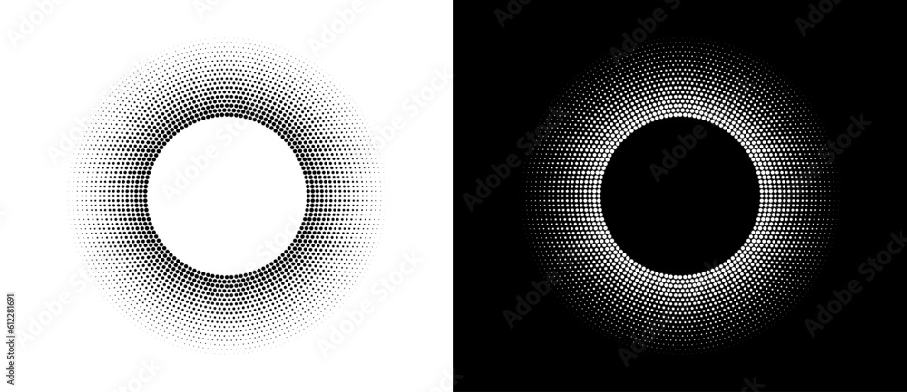 Poster Halftone round as icon or background. Abstract vector circle frame with dots as logo or emblem. Black shape on a white background and the same white shape on the black side.