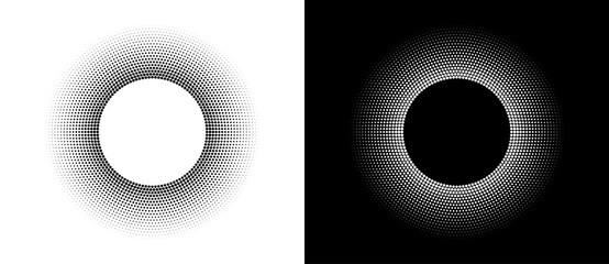 Halftone round as icon or background. Abstract vector circle frame with dots as logo or emblem. Black shape on a white background and the same white shape on the black side. - obrazy, fototapety, plakaty