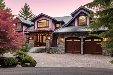 Avant-Garde Dwelling with Three-Car Garage & Unique Pink Siding and Natural Stone Accents, generative AI