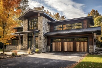 Fototapeta premium Avant-Garde Architecture: Captivating New Dwelling with Three-Car Garage, Bronze Siding, and Natural Stone Accents., generative AI