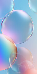 Transparent soap bubbles floating on blue pink gradient background. Created with Generative AI technology