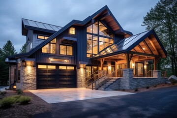 Naklejka premium Avant-Garde Aesthetics and Natural Stone Accents in a Captivating Three-Car Garage Home with Navy Blue Siding, generative AI