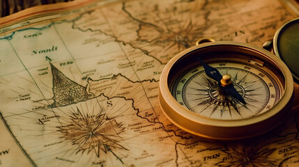 Fototapeta na wymiar An explorer's map and compass, sparking the sense of adventure