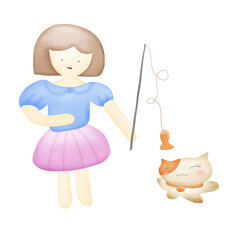 girl playing with a cat