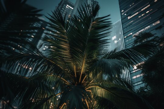Palm leaves front skyscraper lights. Generate Ai