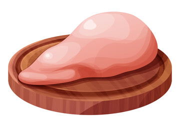 Chicken fillet meat part breast on wooden board in cartoon style isolated on white background. Boneless raw ingredient