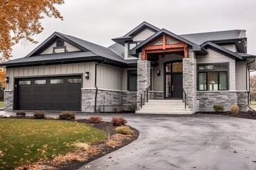 Fototapeta na wymiar Modern Deluxe Home with Double Garage and Natural Stone Embellishments on Light Gray Siding, generative AI