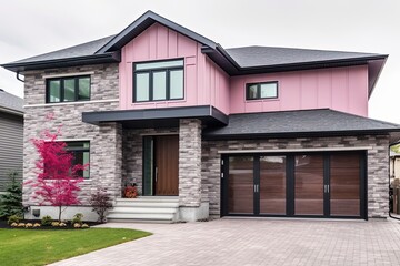 Modern Design Deluxe Home with Natural Stone Embellishments and Double Garage on a Pink Siding, generative AI