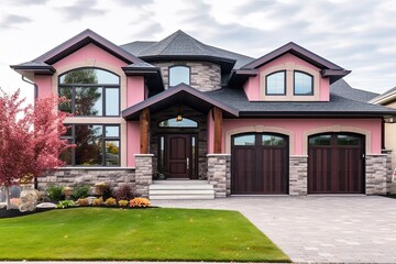 Fototapeta na wymiar Modern Double-Garage Deluxe Home with Pink Siding and Natural Stone Embellishments, generative AI
