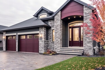 Modern, Deluxe Home with Double Garage and Burgundy Siding Accents, Enhanced by Natural Stone Embellishments, generative AI