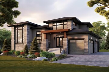 Fototapeta na wymiar Modern Deluxe Home with Double Garage, Natural Stone Embellishments, and Brown Siding, generative AI