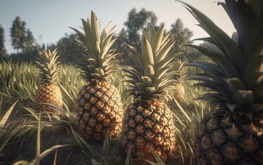 Obraz premium Pineapple plantation on a sunny day. Healthy and organic fruit. Generative Ai