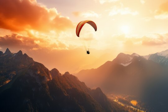 Paragliders mountains sunset background. Generate Ai