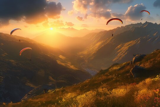 Paragliders mountains sunset. Generate Ai