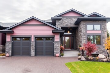 Fototapeta na wymiar Modern, Deluxe Double Garage Home with Pink Siding and Natural Stone Embellishments, generative AI