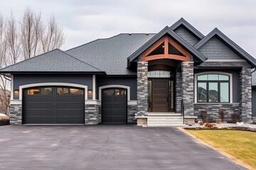 Fototapeta na wymiar Modern Double Garage Home: Deluxe New Construction with Dark Gray Siding and Natural Stone Embellishments, generative AI