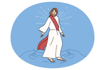 Jesus Christ walking water. Biblical story of messiah walks on water surface. Religion and faith. Christianity. Flat vector illustration.