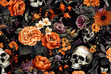 Halloween skulls and flowers pattern, Halloween floral decoupage pattern, Generative AI - obrazy, fototapety, plakaty