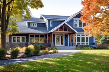 Fototapeta na wymiar Double Garage and Enchanting Navy Blue House with Sleek Styling and Natural Stone Porch, generative AI