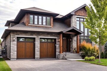 Newly Built Enchanting Home with Sleek Styling, Double Garage, Bronze Siding, and Natural Stone Porch, generative AI