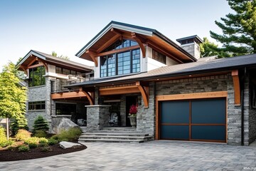 Fototapeta na wymiar Sleek Styling and Double Garage Complement Enchanting New Home with Light Blue Siding and Natural Stone Porch, generative AI