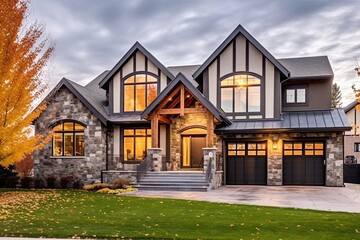 Fototapeta premium Sleek and Enchanting: A Newly Built House with Double Garage, White Siding, and a Natural Stone Porch, generative AI