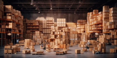 Logistics Warehouse full of Cardboard Boxes, Sorting and Distribution Facility for Delivery Service. Generative Ai - obrazy, fototapety, plakaty