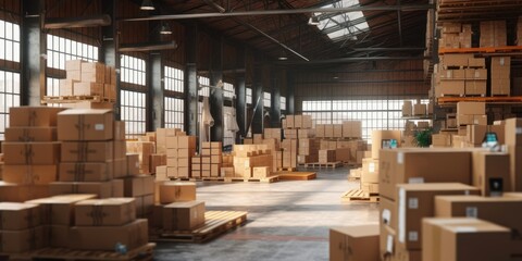 Logistics Warehouse full of Cardboard Boxes, Sorting and Distribution Facility for Delivery Service. Generative Ai