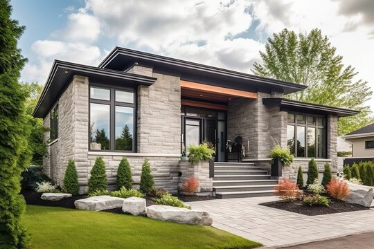 Double Garage, Coral Siding, And More: Exploring the Sleek Styling and Enchanting Features of a Recently Constructed House with a Natural Stone Porch, generative AI