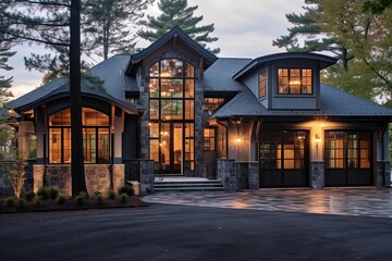 New Sophisticated Design Property with 3-Car Garage, Dark Gray Siding, and Elegant Stone Pillars, generative AI