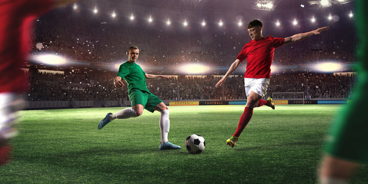 Active men, football players in motion, dribbling ball during game at 3D stadium with flashlights. Blurred fans cheering team. Concept of professional sport, championship, game, achievement