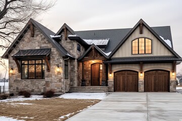 Sophisticated New Construction Property Boasting a Three-Car Garage, Light Gray Siding, and Natural Stone Pillars, generative AI