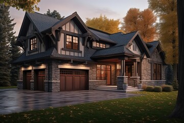 Stunning New Build with Sophisticated Design and Natural Stone Pillars: Three-Car Garage and Striking Dark Green Siding, generative AI