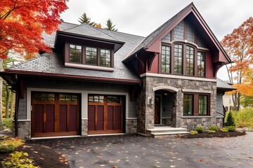 Stunning New Build: Red Siding and Natural Stone Pillars Accentuate Sophisticated Design with Three-Car Garage, generative AI