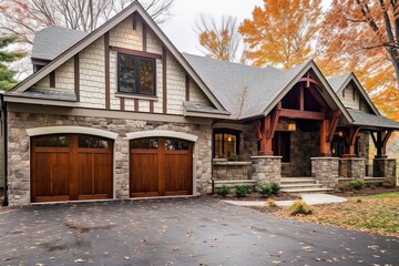Fototapeta na wymiar Sophisticated Design and Three-Car Garage on Exquisite New Construction Property with Natural Stone Pillars and Mint Green Siding, generative AI