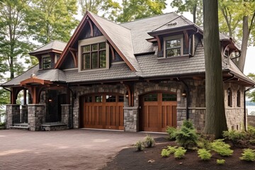 Fototapeta na wymiar Sophisticated Design Meets Exquisite New Construction Property with Three-Car Garage, Green Siding, and Natural Stone Pillars, generative AI
