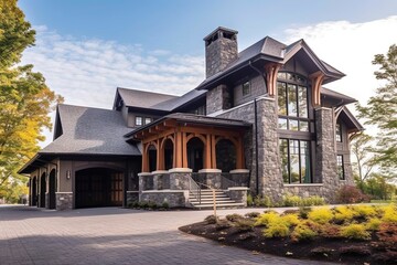 Fototapeta na wymiar 3-Car Garage Exquisite New Construction Property: Sophisticated Design with Beautiful Purple Siding and Natural Stone Pillars, generative AI